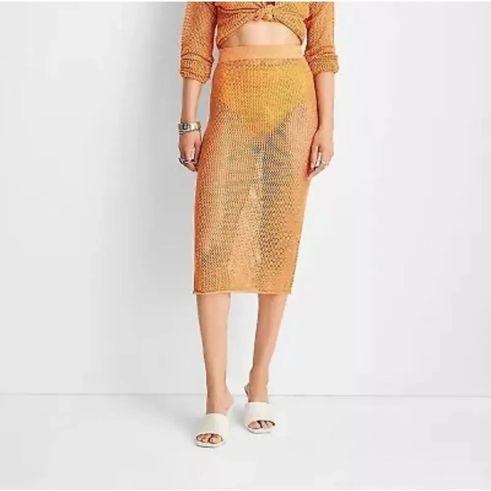 Future Collective Skirt Sz. XXL Orange sparkle Midi Knit Crochet Swim Coverup